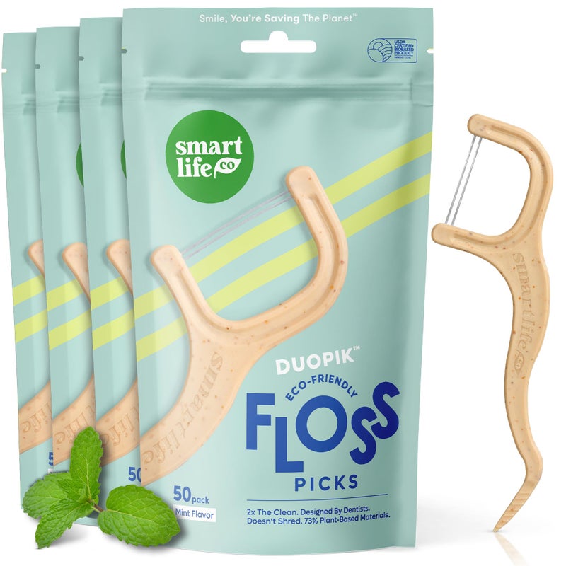 SmartLifeco EcoFriendly DualThread Dental Floss Picks 200ct Flossers Made with Straw Wheat Blend Superior AntiShred for Tight Gaps Tooth Pick Stick for Adults Soft on Gum Teeth Mint